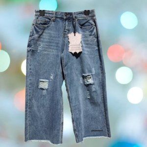 Hot Kiss Denim Cropped Capri 0 High Rise Wide Leg Blue Distressed Raw Hem NWT